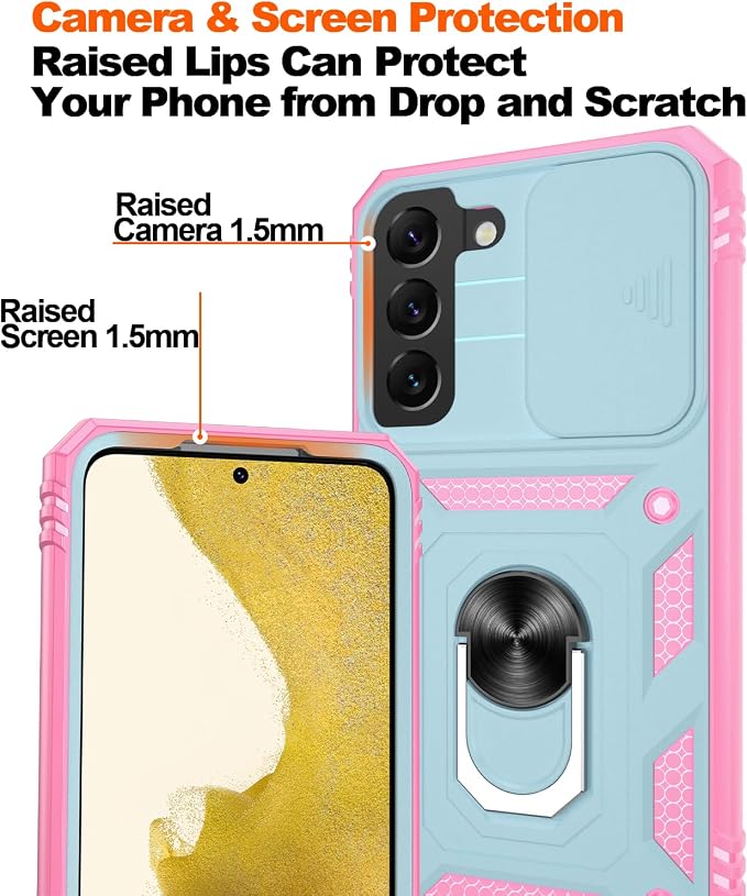 Gritup for Samsung Galaxy S22 Case with Slide Camera Cover & Screen Protector*2, 360 Rotating Ring Kickstand, Military Grade Protective Case for S22 Phone, Green+Pink - Image 5