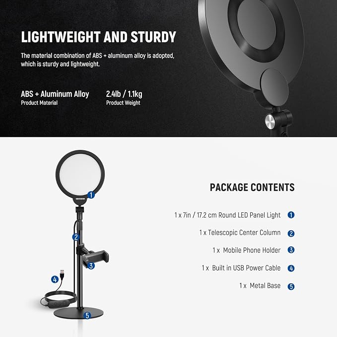 NEEWER Basics 7" Desk Ring Light for Video Recording, 10W Dimmable, R06 | Full Screen Key Lighting, Stand, Phone Holder for iPhone, Computer, Laptop, Vlog, Live Streaming, Video Conference Lighting - Image 8