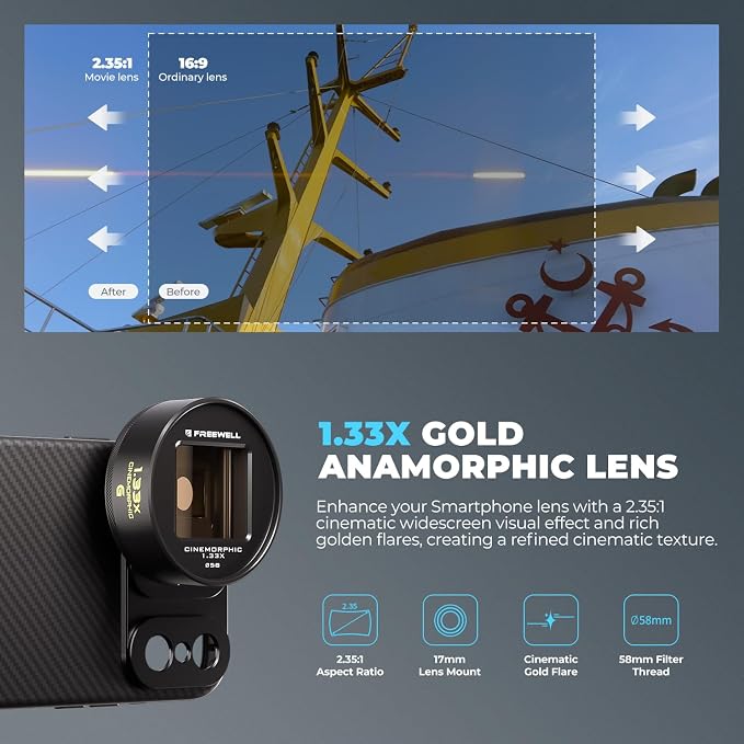 Freewell 1.33x Gold Anamorphic Lens for 17mm Mount iPhone, Samsung | Cinematic Smartphone Lens with Wide Aspect, Rich Gold Flare, and Enhanced Film Look - Image 2