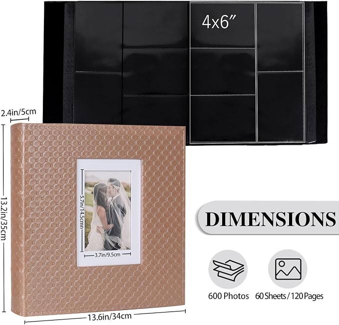 RECUTMS Photo Albums 4x6 Pictures, 600 Pockets Large Capacity Picture Album | Acid-Free Black Pages, Leather Cover, Dual Horizontal/Vertical Pockets, Custom Photo Cover, Perfect for Wedding, Family&Trave - Image 3
