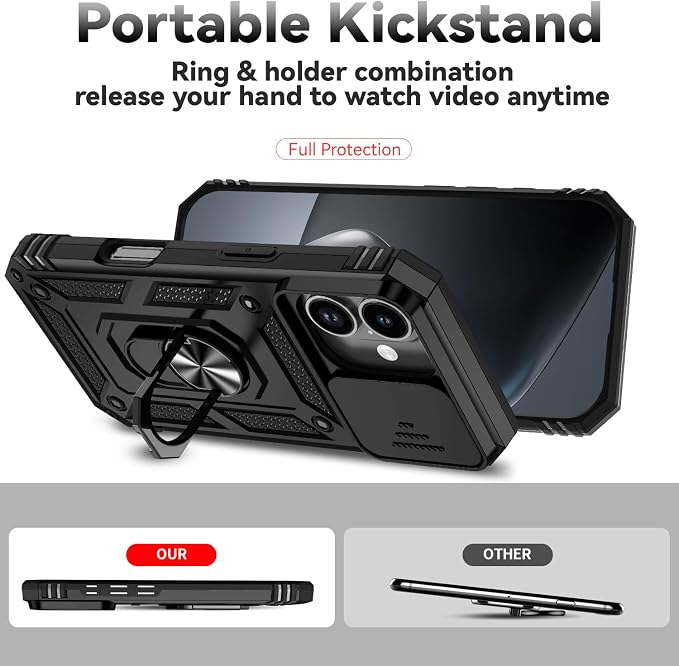 SunStory Compatible with iPhone 17 Case with HD Screen Protector & Slide Camera Cover & Rotated Ring Kickstand, [Military-Grade] iPhone Case for iPhone 17,Black - Image 2