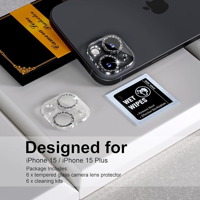 for 6 Pack iPhone 15 / iPhone 15 Plus Camera Lens Protector [Drop Protection] [Case Friendly] [Easy Installation] 9H Tempered Glass Camera Screen Protector Cover Accessories, Glitter Black - Image 2