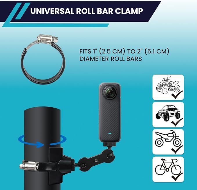 BarGrip Universal Roll Bar Camera Mount Clamp for Action Cams – Fits 1”–2” Round, Square & Profile Bars | 360° Adjustable Dual Ball Arm | Compatible with GoPro, Insta360, DJI | for UTVs, ATVs, Boats - Image 2