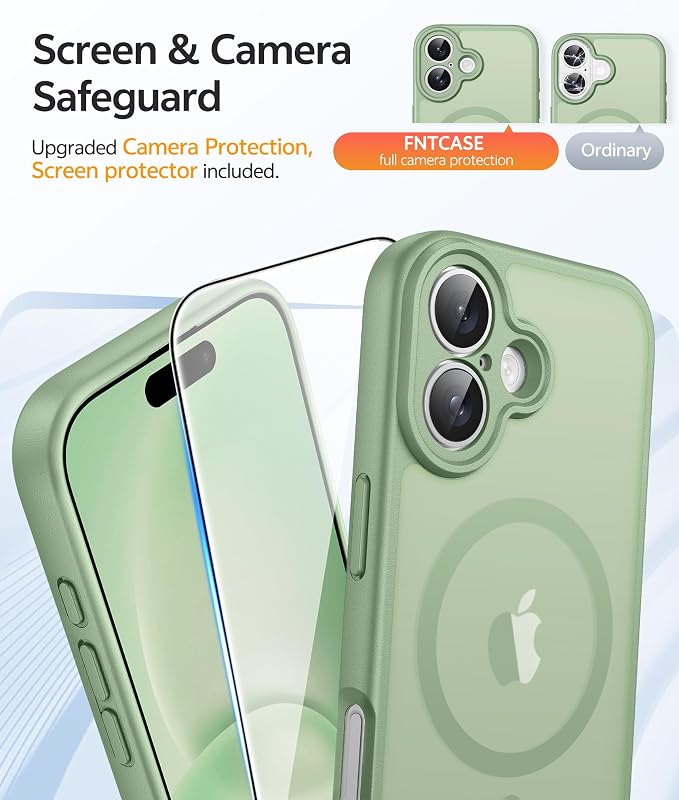 FNTCASE for iPhone 16 Case, Fit for Magsafe, Screen Protector, Light Moss | Full Camera Protection, Translucent Matte, 14FT Military Grade Drop Proof, Shockproof Protective Phone Cover - Image 4