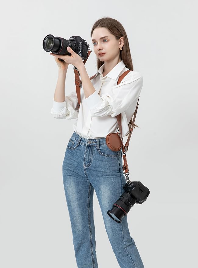 Dual Camera Harness Leather Camera Straps for Photographers for DSLR/SLR | Camera Holster Camera Harness for Photographers Leather Harness Camera Belt Spider Holster Camera Belt Camera Neck Strap - Image 2