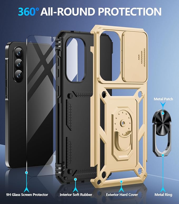 Taisairu for Samsung Galaxy A37 Case/A36 Case with Screen Protector & Slide Camera Lens Cover, Built-in Ring Stand Shockproof Protective Case for Samsung A37 5G Case/Samsung A36 5G Case (Gold) - Image 2
