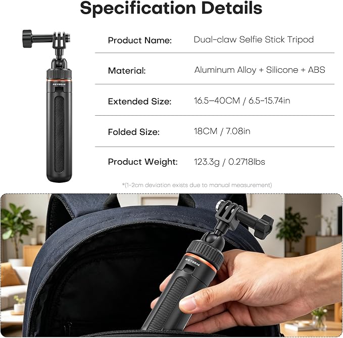 40cm/15.75" Action Camera Selfie Stick Tripod with 360° Ball Head, Extendable Handheld Monopod for Vertical Shooting, Lightweight Vlogging Accessories for GoPro, DJI Osmo Action, Insta360 Ace Pro - Image 7