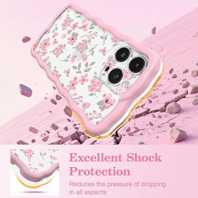 QLTYPRI for iPhone 15 Pro Max Pink Flower Case, Clear Cute Pink Floral Flower Phone Case Curly Wavy Aesthetic Phone Cover, Soft Slim Transparent TPU Shockproof Protective Cover for Women Girls - Pink - Image 4