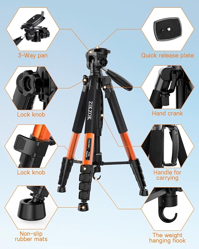 75inch Camera Tripod for ipad iPhone, Heavy Duty Aluminum Tripod with 360° Panoramic Ball Head,Compatible with Canon/Nikon/Sony DSLRs (Load 15 lbs for Travel/Live Streaming/Macro Shooting) - Image 8