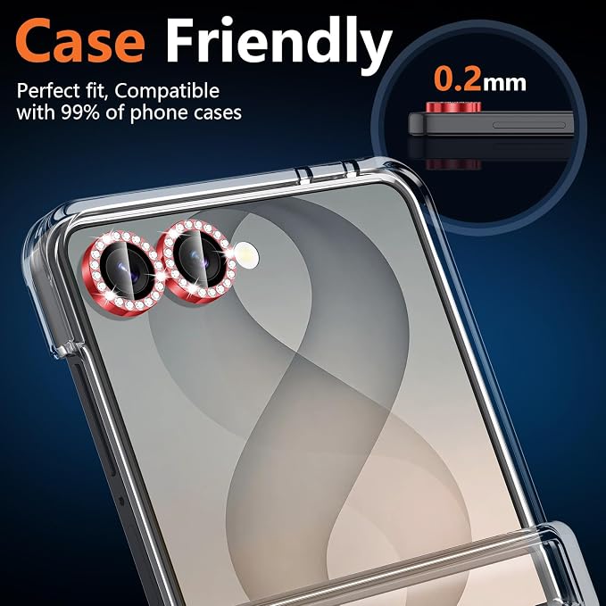 for Samsung Galaxy Z Flip 8 Camera Lens Protector, Individual Metal Ring Tempered Glass Lens Cover, [Strong Adsorption] Scratch Resistant Ultra-Thin HD Clear Lens Cover, 1 Set-Red Diamond - Image 6