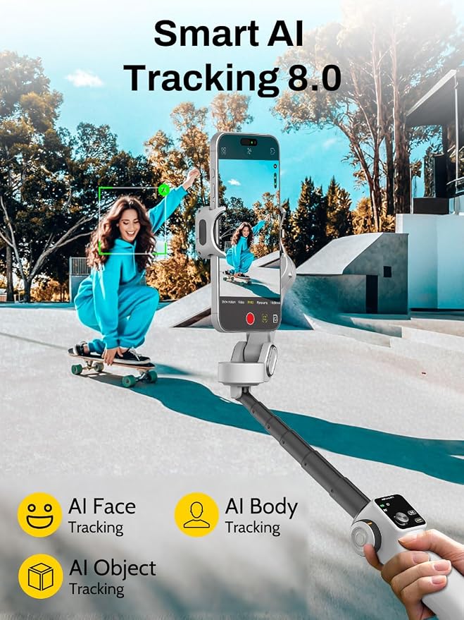 AOCHUAN Gimbal Stabilizer for iPhone & Android, 3-Axis Phone Gimbal with OLED Screen, 7.8" Extendable Rod, Face & Gesture Tracking, Ideal for Vlogging, Travel & Video Recording-Smart V8 White - Image 4