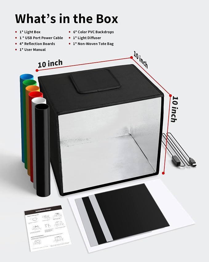 Glendan Light Box Photography, 10"x10" Photo Box with 88 High Color Rendering Index LED Lights, 6 Color PVC Backdrops, 4 Reflection Boards and 1 Diffuser for Jewelry and Small Item Product Photography - Image 9
