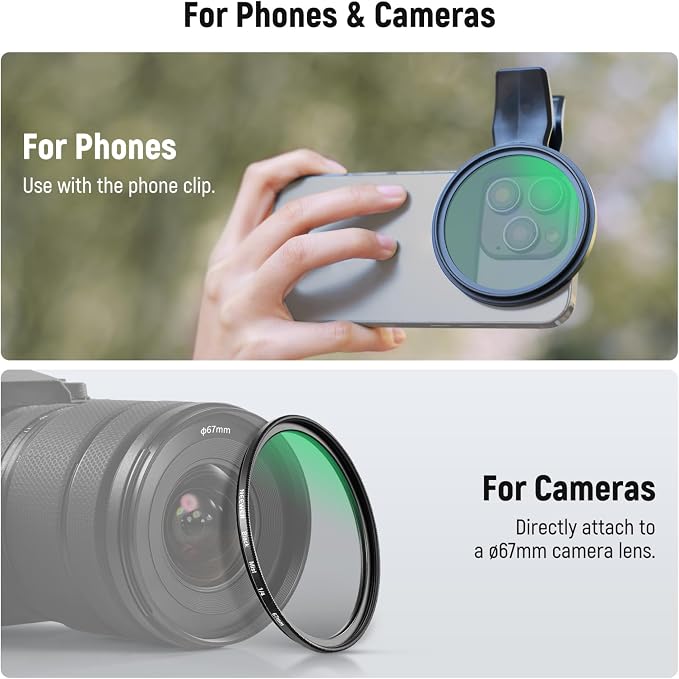 NEEWER 67mm Clip On Black Diffusion 1/4 Filter for Mist Cinematic Effect, Photography Accessories Kit Compatible with iPhone 17 16 15 Pro Max Plus 16e 14 13 mini, FL-B24 - Image 6