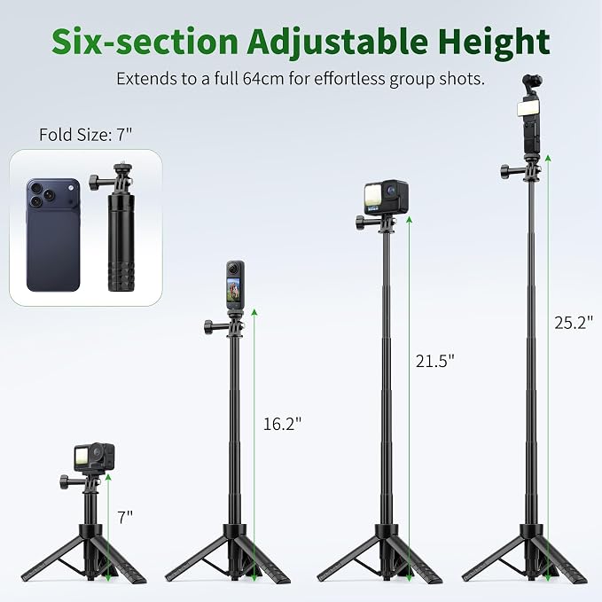 JOILCAN 25.2" Mini Selfie Stick Tripod, Portable Handle Grip Tripod | Action Camera Selfie Stick for GoPro Hero 13/12/11/10/9/8/Max, Insta360, DJI Osmo Action 6/5/4/3 & Pocket 3 - Image 2