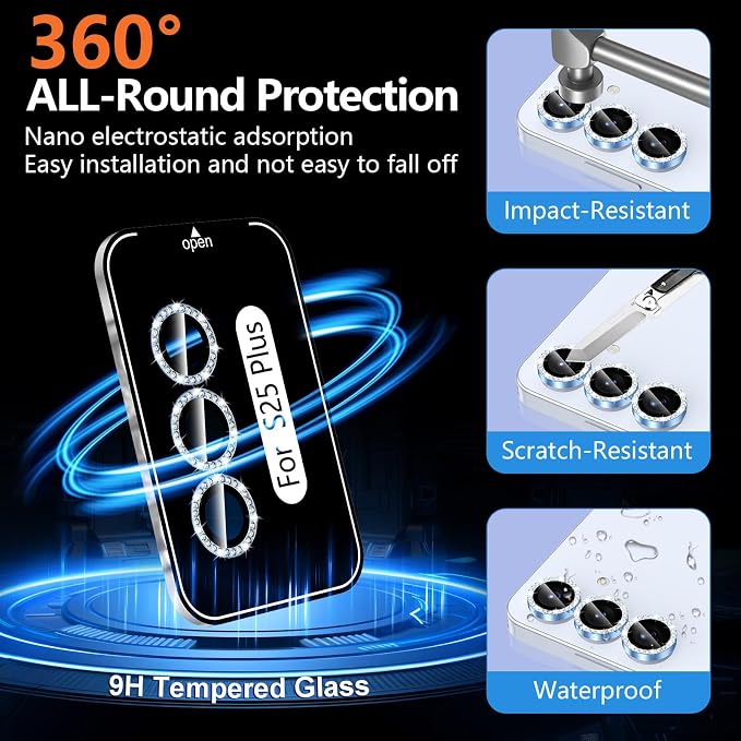 for Samsung Galaxy S25 Plus Camera Lens Protector, Individual Metal Ring Tempered Glass Lens Cover, [Strong Adsorption] Scratch Resistant Ultra-Thin HD Clear Lens Cover, 1 Set-Blue Diamond - Image 2