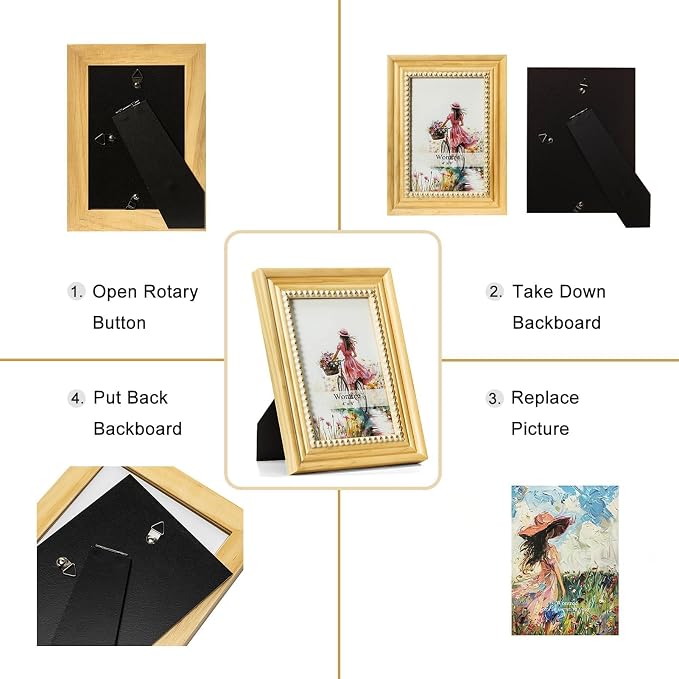 4x6 Picture Frame in Nature with Gold Beaded Border, Pine Wood with Real Glass, Vertical and Horizontal Desk Tabletop or Wall Hanging - Image 9