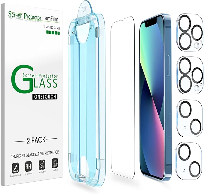 amFilm OneTouch for iPhone 13/13 Pro Screen Protector 6.1" Tempered Glass | Auto-Alignment, 30s Install, Bubble Free, Scratch & Drop Protection, HD Clear, Camera Lens Protector[2+2 Pack] (13-6.1'') by amFilm