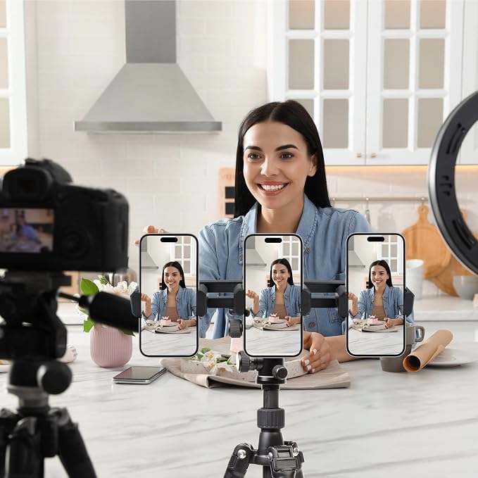 Triple-Clip Phone Holder, Smartphone Tripod Mount Adapter, Universal 360° Rotation Adjustable Clip Stand for Vlog Live Streaming Video Recording, Compatible with 1/4'' Screws - Image 6