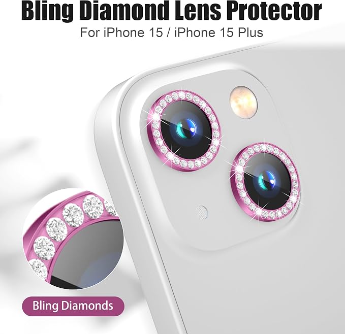 AGVEE 3+3 6 Pack for iPhone 15/15 Plus Camera Lens Protector Cover | Individual Bling Diamond & Bling Glitter Sparkle Cute Gem Metal Ring, 9H Tempered HD Glass - Image 4