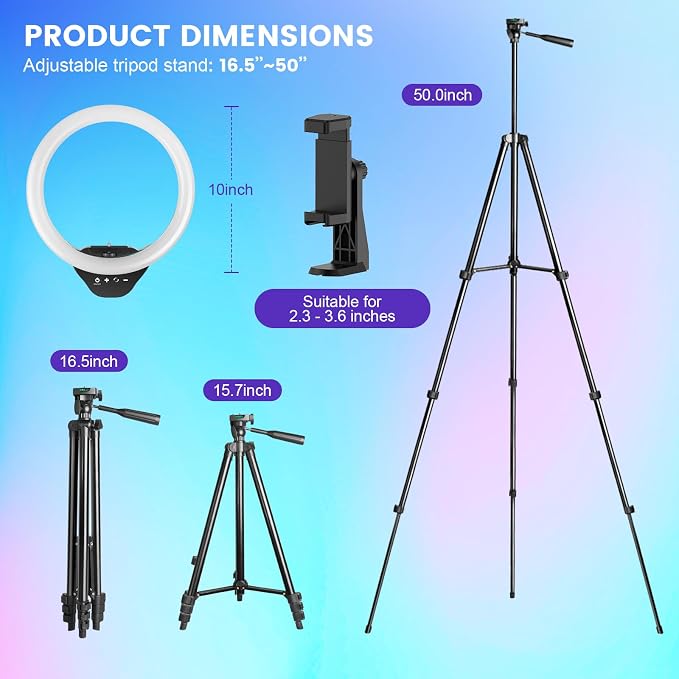 Sensyne 10'' RGB Ring Light with 50'' Extendable Tripod Stand, Circle Lights with Phone Holder for Live Stream/Makeup/YouTube Video/TikTok, Compatible with All Phones - Image 6