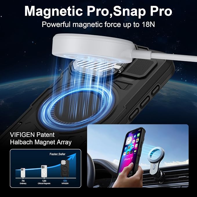 iPhone 17 Case with Cover Stand, Magnetic Case with Camera Cover Lens Protector Phone Cover Grip Stand MagSafe for iPhone 17 Pro Military-Grade Shockproof CASE Kickstand for iPhone 17, 6.3 inch, Black - Image 4