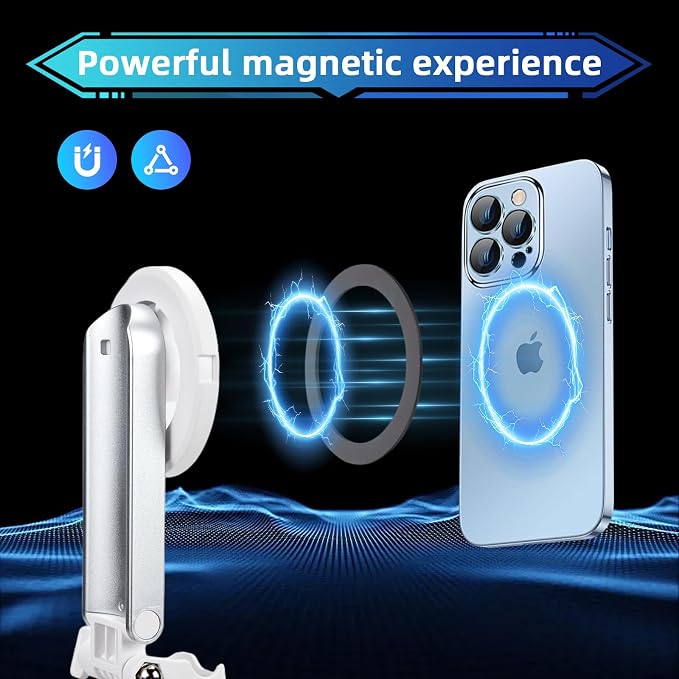 MQOUNY for Magsafe Tripod Stand for iPhone,Portable Pocket Size Selfie Stick with Rechargeable Remote and Metal Ring,Extendable Detachable Cell Phone Tripod Compatible with iPhone/Android (White) - Image 4