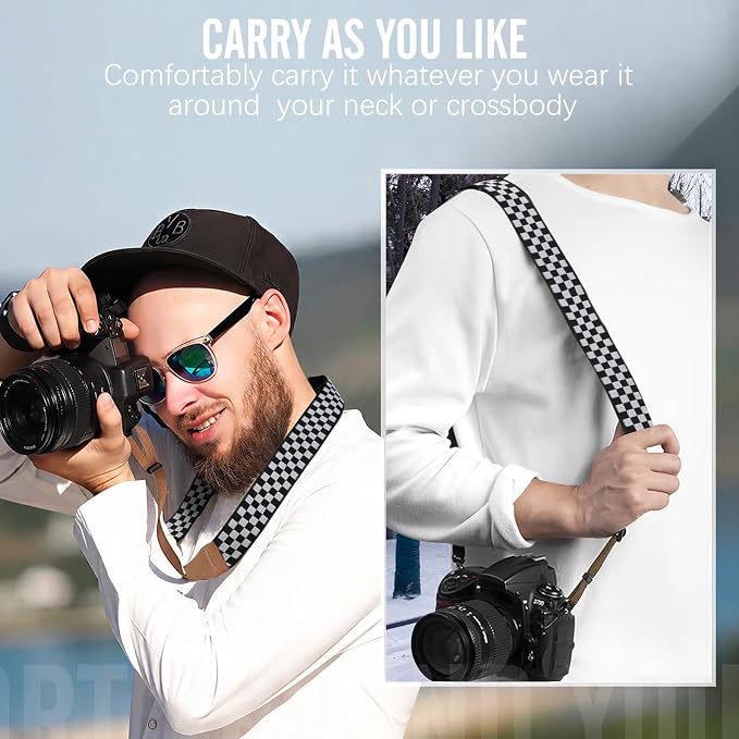 MoKo Camera Strap Compitable with Canon/Sony/Nikon/Minolta/Panasonic/DSLR | Cotton Vintage Camera Strap,Adjustable Neck Shoulder Strap,for Camcorder,Binoculars,for Adults Kids, Black and White Plaid - Image 6