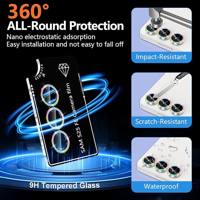for Samsung Galaxy S25 FE Camera Lens Protector, Individual Metal Ring Tempered Glass Lens Cover, [Strong Adsorption] Scratch Resistant Ultra-Thin HD Clear Lens Cover, 1 Set-Colorful Sparkly - Image 2