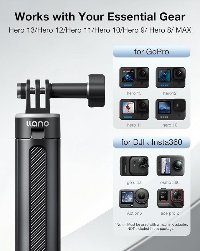 Llano 16" Action Camera Tripod for Gopro Hero 13/12/11/10/9/8, Max 2/1, Extendable Mini Tripod, Standard Mount for Gopro, Portable Handle Grip, Small Selfie Stick, Lightweight, Black - Image 2