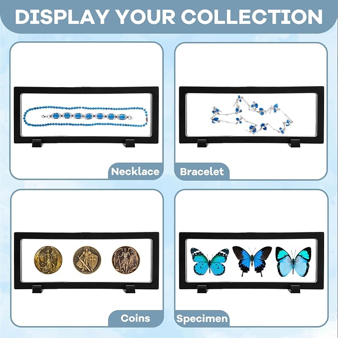 6Pcs 3D Floating Display Case Jewelry Storage Box, 9 x 3.5in Black | Clear Film, Plastic Frame, Challenge Coin Holder, For Shark Tooth Fossil Rock Gem Shell Butterfly Specimen - Image 5