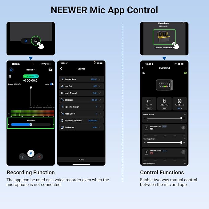 NEEWER CM26 MAX AI Wireless Lav Mic Compatible with iPhone 17 16 15 Android Camera PC, USB C Plug & Play App Control, 2 Level Noise Cancellation, 50h Total Battery, 120m Range, Apple MFi Certified - Image 9