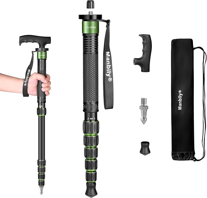 Camera Monopod Aluminum Portable Compact Lightweight Travel Monopod with Carrying Bag Walking Stick Handle,for DSLR Canon Nikon Sony Video Camcorder (Aluminum, Green&Black) by Manbily