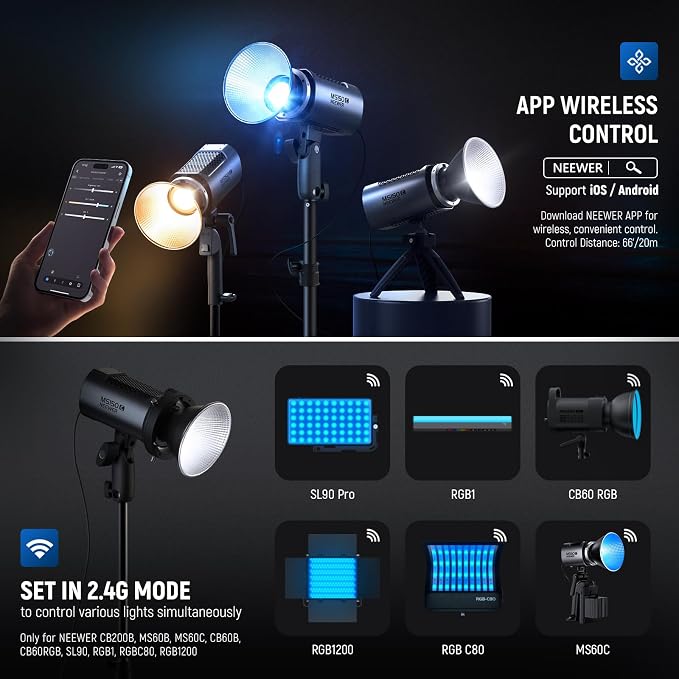 NEEWER MS150C RGBWW LED Video Light with 2.4G/APP Control, 150W Metal Mini RGB COB Continuous Output Lighting Bowens Mount Handheld Spotlight 2700K-6500K, 18000lux/1m, CRI97+/TLCI98+,17 Effects, RGBCW - Image 8