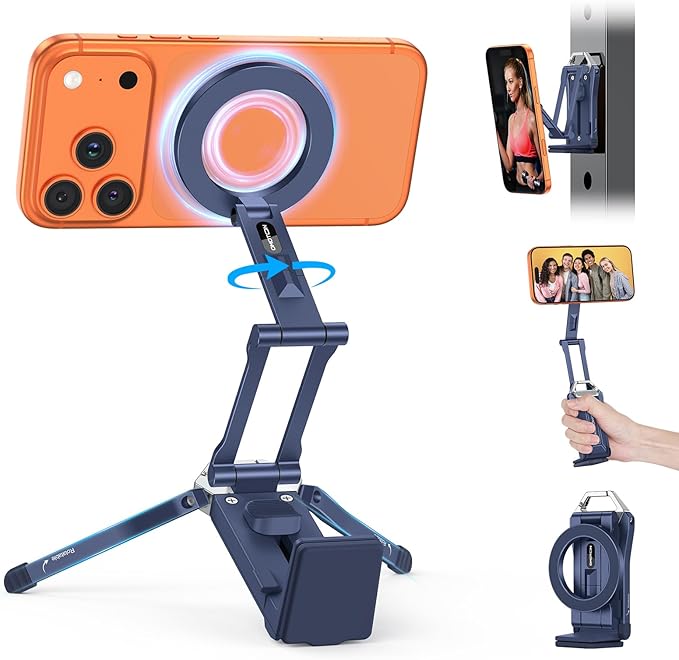 OMOTON TP02 360°Rotating Adjustable Aluminum for MagSafe Tripod, Navy Blue | Magnetic Phone Tripod for iPhone 17/16/15 Pro Max Air, Foldable Cell Phone Stand Fits Vlog, Gym Travel Essentials Accessories by OMOTON