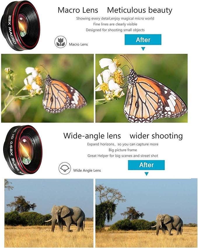 Phone Camera Lens Kit 10 in 1 for iPhone Samsung Pixel Android, 22X Telephoto Lens, 0.62X Super Wide Angle Lens&25X Macro Lens, 235° Fisheye,Kaleidoscopes, Starlight，Tripod，for Most Smartphone Black - Image 3