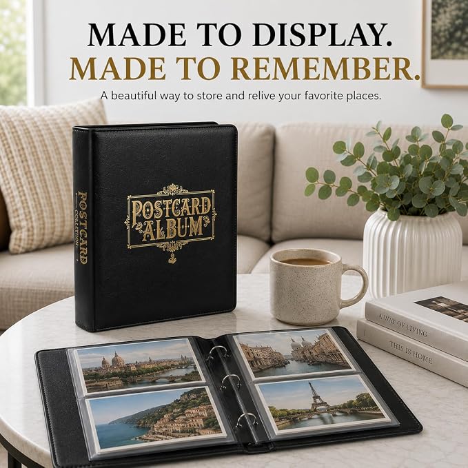 Postcard Album Holder with Sleeves, Post Card Album Book Storage Binder 4x6 | Elegant organizer, 50 archival sheets hold 200 postcards. Travel collection photo album book gifts idea for collectors - Image 6