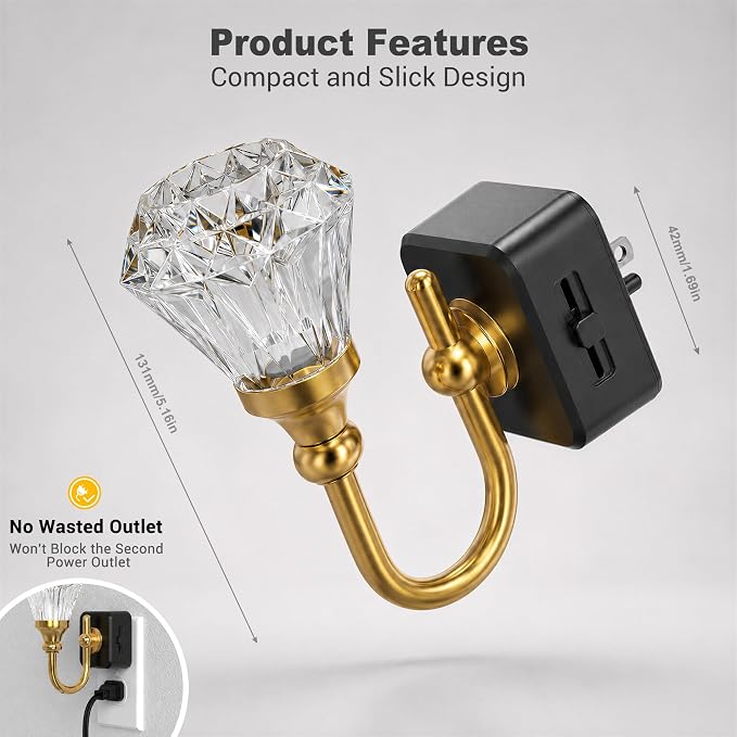 JandCase Night Light, Night Lights Plug into Wall, Crystal LED Nightlight | 0-100 LM Dimmable Nightlights, Dusk to Dawn Sensor, 1W Vintage Rotatable Nite Light for Bathroom Hallway Decor, 1 Pack - Image 6