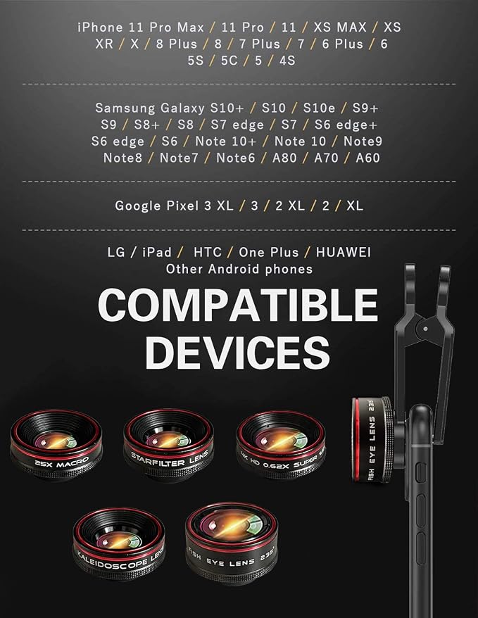 Phone Camera Lens Kit 10 in 1 for iPhone Samsung Pixel Android, 22X Telephoto Lens, 0.62X Super Wide Angle Lens&25X Macro Lens, 235° Fisheye,Kaleidoscopes, Starlight，Tripod，for Most Smartphone Black - Image 8