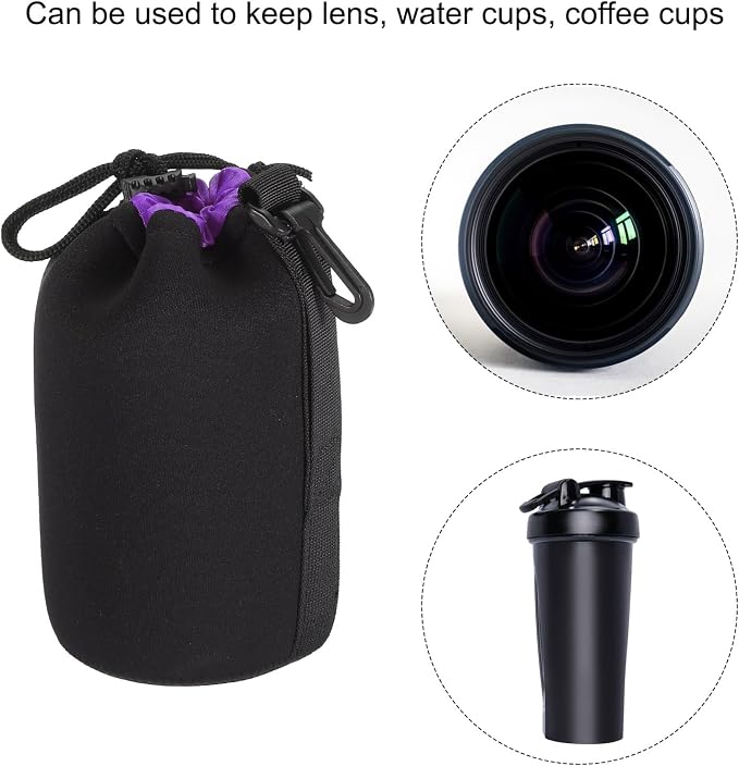 PATIKIL Camera Lens Bag, 3.5" IDx7.1 H Drawstring Lens Pouch with Thick Protective Neoprene, Lens Case for DSLR Camera Lens, Water Coffee Cups, Black, Purple - Image 6