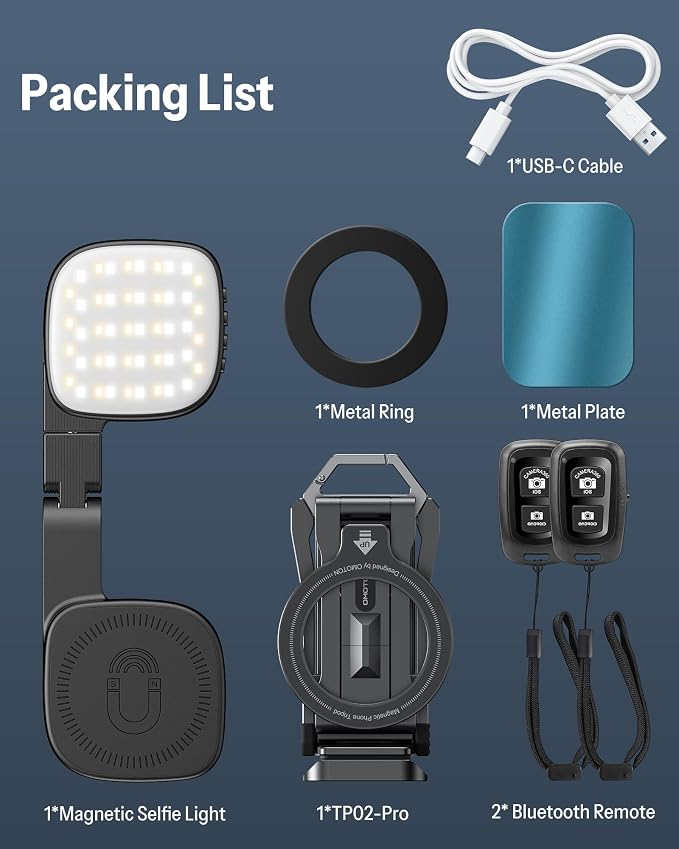 OMOTON TP02-Pro-CK Magnetic Phone Holder Kit with Fill Light & 2 Remotes | Arca-type Base with a 1/4" Screw Hole, 3 Color Temperatures ,10-level adjustable brightness, USB-C Charging, for iPhone 12-17 - Image 8