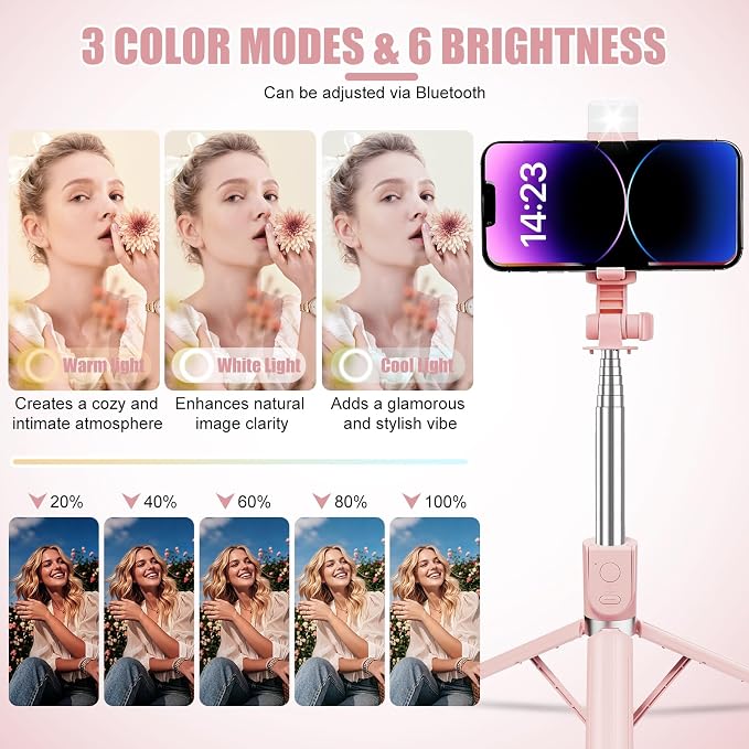 Selfie Stick with Rechargable Remote & Light (1PC), Tripod for iPhone, Cell Phone Stand for Video Recording, Portable Travel Essentials Smartphone Mount Holder, Extendable Vlogging Filming Accessories - Image 6