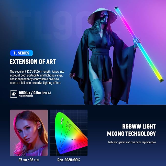 NEEWER RGB Tube Light, 30W LED Video Light RGBWW Full Color Stick Light Wand with 18 Scenes 7 Pixel Effects 2500-10000K CRI97/TLCI98 6000mAh, APP/2.4G/DMX Control for Photography Video Record, TL90C - Image 4