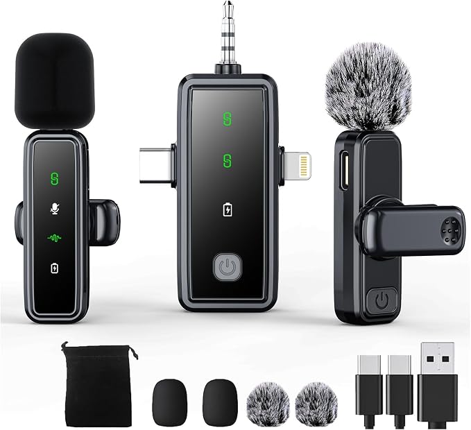 3 in 1 Wireless Lavalier Microphones for iPhone/Android/Camera, 2 Pack Mini Microphone LED Display Lapel Omnidirectional Mic with Mute/Reverb/Noise Reduction for TikTok/Podcast/Vlog Recording by ABYLFE