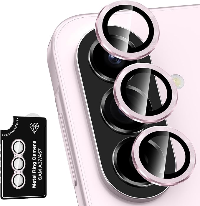for Samsung Galaxy A37/A57 Camera Lens Protector, Individual Metal Ring Tempered Glass Lens Cover, [Strong Adsorption] Scratch Resistant Ultra-Thin HD Clear Lens Cover, 1 Set-Pink by Btscase