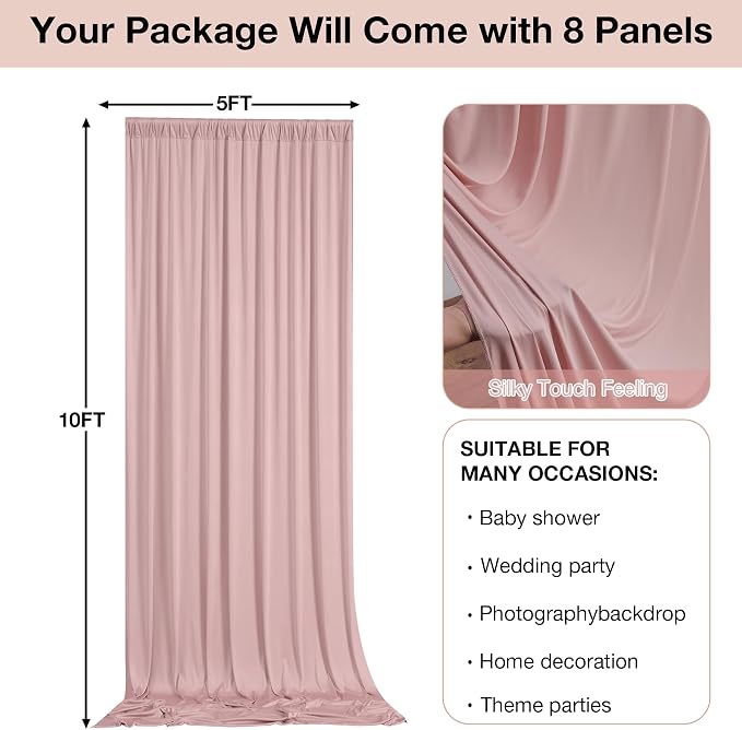 40ftx10ft Wrinkle Free Dusty Pink Backdrop Curtains for Parties, Silky Polyester Photo Backdrop Drapes 8 Panels 5x10ft Back Drop Cloth for Wedding Birthday Baby Shower Photography Background - Image 6