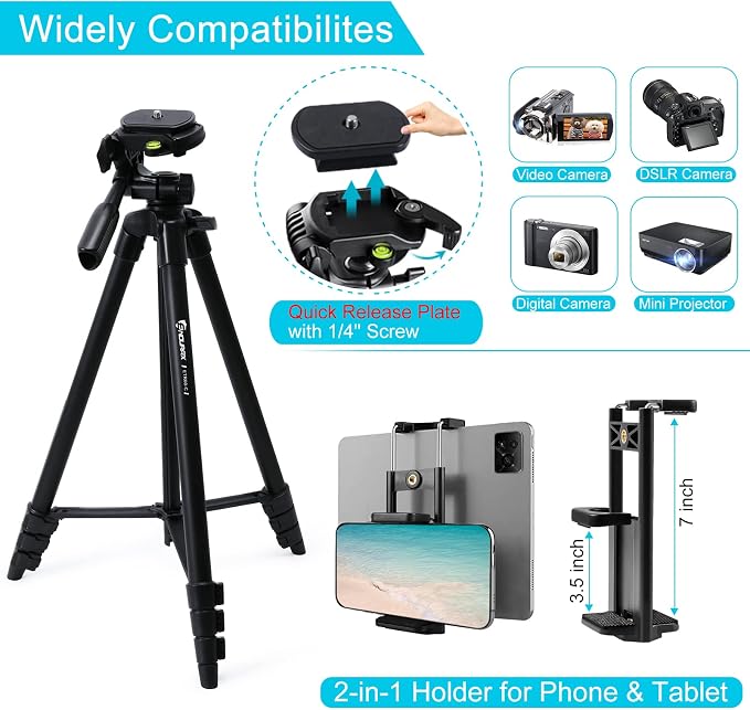 Endurax 60'' Camera Tripod Camera Stand for Canon Rebel Eos Nikon DSLR, Travel Tripods for Phone Tablet with Remote Black | Tripod Stand for Canon/Nikon/Sony DSLR；360° Pan head, Quick-Release & Bubble Level；Lightweight Aluminum with Carry Bag - Image 2