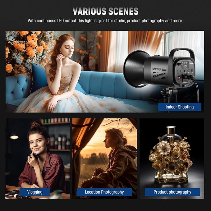 NEEWER 80W LED Video Light, 2.4G&APP Control, Bi Color 2700K-6500K 34000Lux/1m, CRI97+/12 Scenes/Bowens COB Continuous Output Lighting for Studio Photos Photograpny Video Recording Streaming, CB60B | 2700K-6500K, 34000Lux/1m, CCT, CRI97+, 12 Scenes, Bo... - Image 8