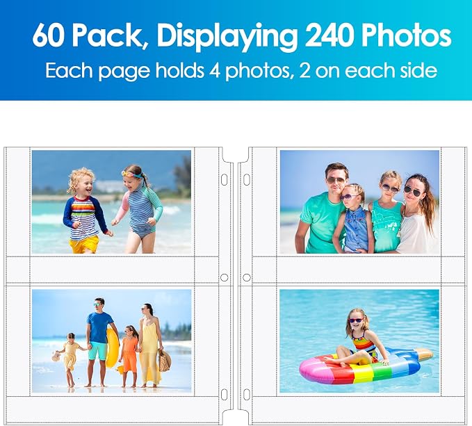 MaxGear 60 Pack 4x6 Photo Sleeves for 3 Ring Binder (240 Pictures),2 Pocket | Heavy-Duty Archival Page Protectors, Clear Photo Album Refill Pages, Plastic Postcard Sleeves, Recipe Card Binder Inserts - Image 8