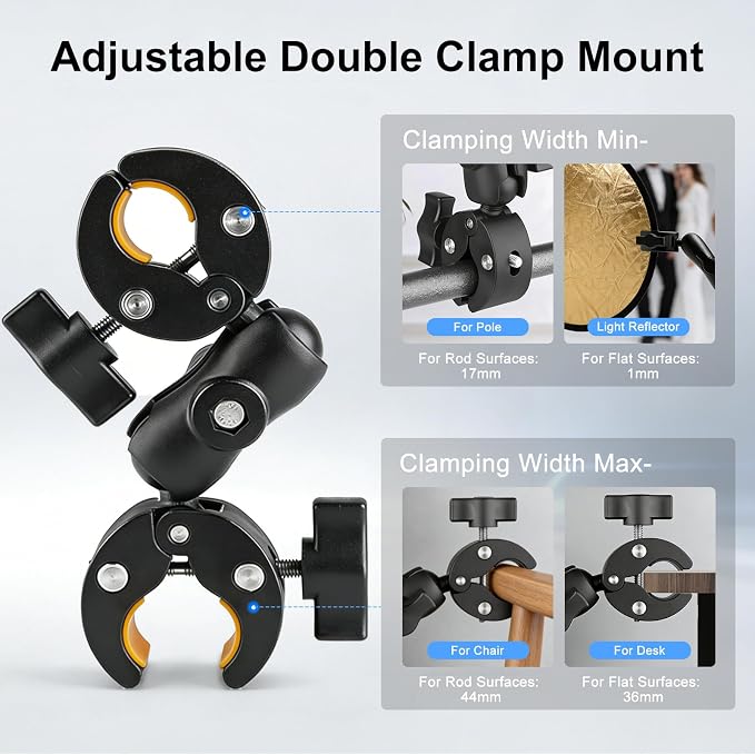 Double Super Clamp Mount with 360° Magic Arm Dual 1" Ball Mount Adapter, Multi-Functional Crab Clip, Umbrella Holder Camera Pole Bracket for Tripod Rod Monitor Magic Light Stand Motorcycle Accessories - Image 3