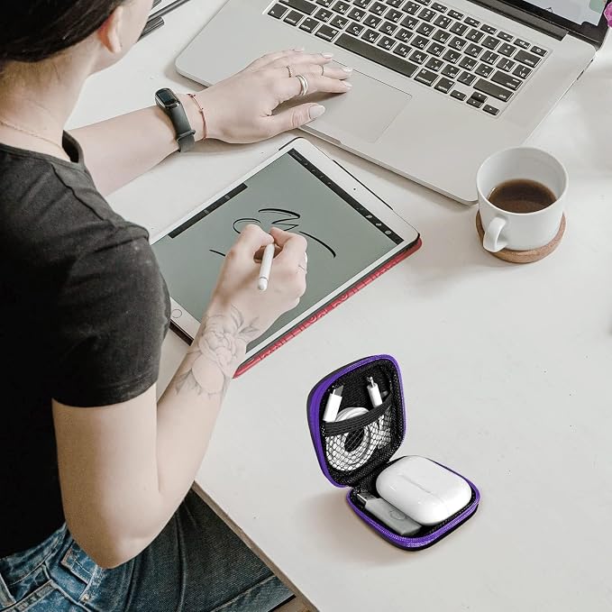 Square Earbud Case Portable EVA Carrying Case Storage Bag Cell Phone Accessories Organizer with Carabiner for Earphone, Earbud, Earpieces, SD Memory Card, Camera Chips, Tech Pouch, Purple - Image 6